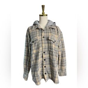 Plaid Hooded Tweed Shacket Jacket - Neutral Plaid Beige Gray Size M